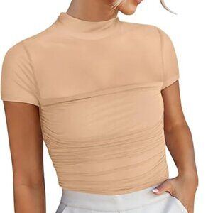 Apricot Mesh Mock Neck Short Sleeve Top